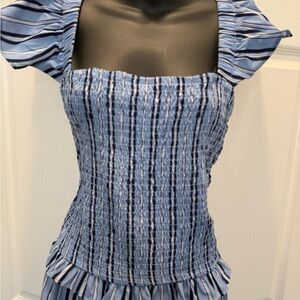 Elegant Blue Striped Smocked Dress